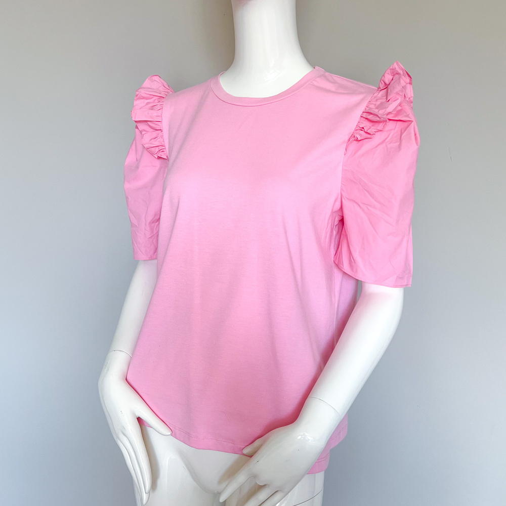 NEW English Factory Pink Ruffle Short Puff Sleeve T-Shirt Top M Cotton